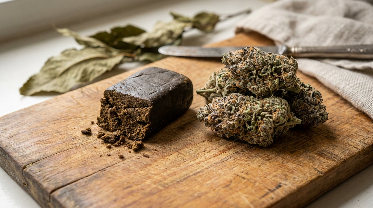 Bloc de résine CBD et fleurs CBD posés sur une planche en bois