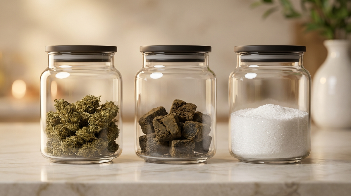 Trois contenants en verre premium avec fleur CBD, résine et cristaux d'isolat CBD sur du marbre clair