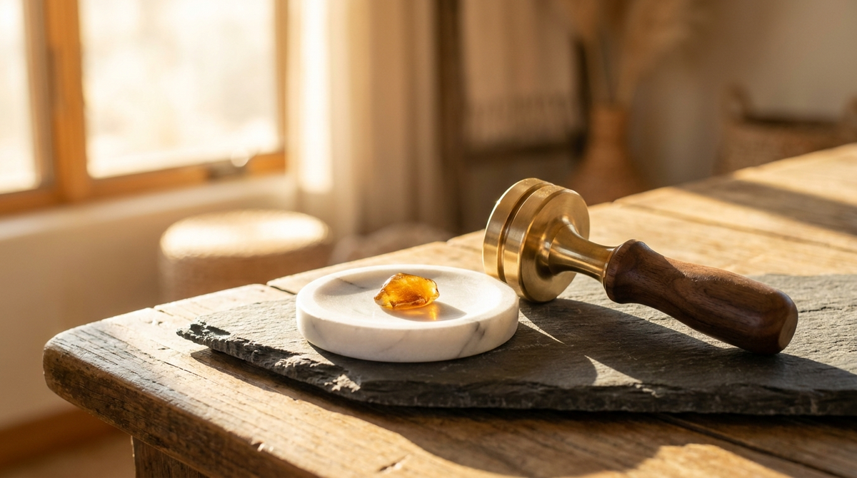 Résine de rosin CBD ambrée sur un plateau en marbre, lumière naturelle chaleureuse