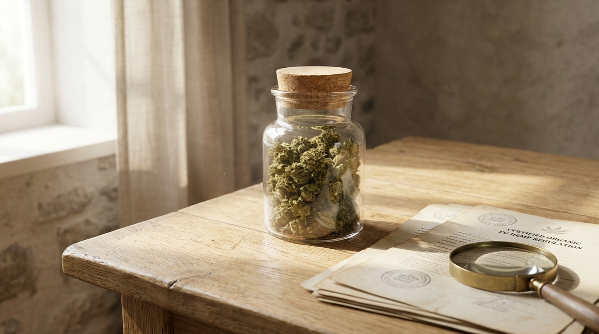 Jar de fleurs CBD premium à côté de documents réglementaires européens, ambiance chaleureuse et élégante