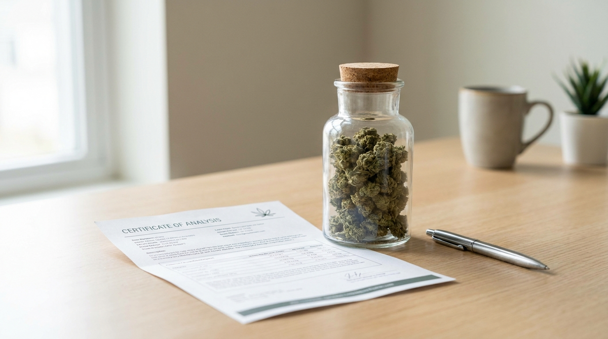 Jar de fleurs CBD premium à côté d'un certificat d'analyse de laboratoire, ambiance professionnelle et élégante