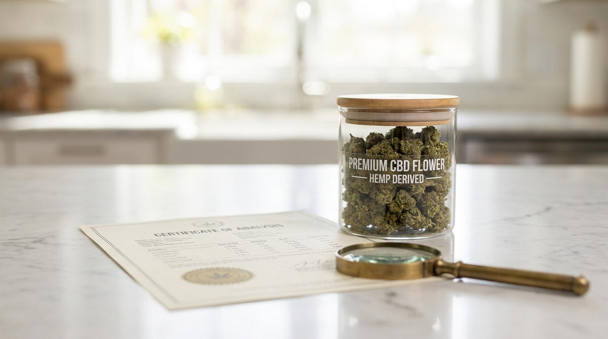 Jar de fleurs CBD premium à côté d'un certificat d'analyse de laboratoire et d'une loupe, ambiance premium et rassurante
