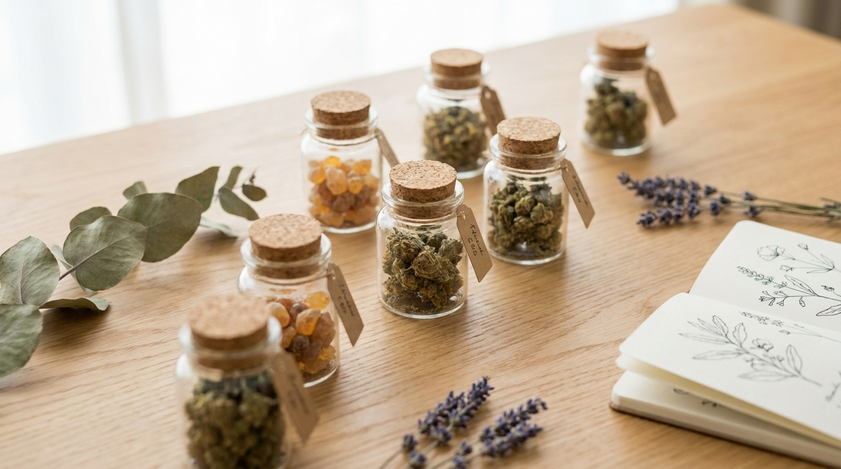 Assortiment élégant de bocaux de fleurs et résines CBD premium sur une table en bois, lumière naturelle