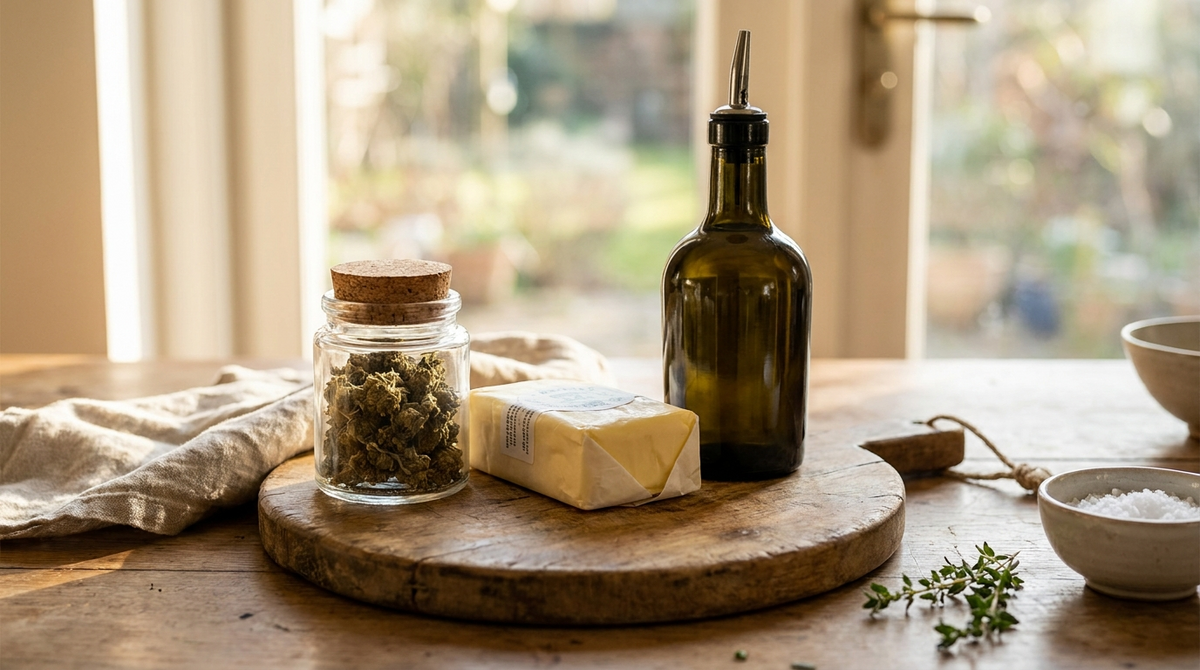Scène de cuisine rustique avec un pot de fleurs CBD, du beurre et une bouteille d'huile d'olive, lumière naturelle chaleureuse