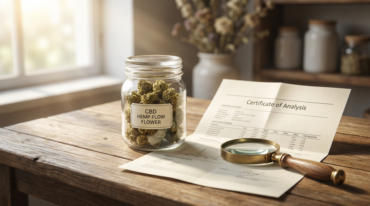 Fleurs de CBD premium avec certificat d'analyse en laboratoire et loupe, sur une table en bois