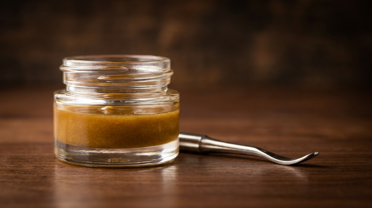 Extrait de live resin CBD ambré dans un petit pot en verre avec outil de prélèvement