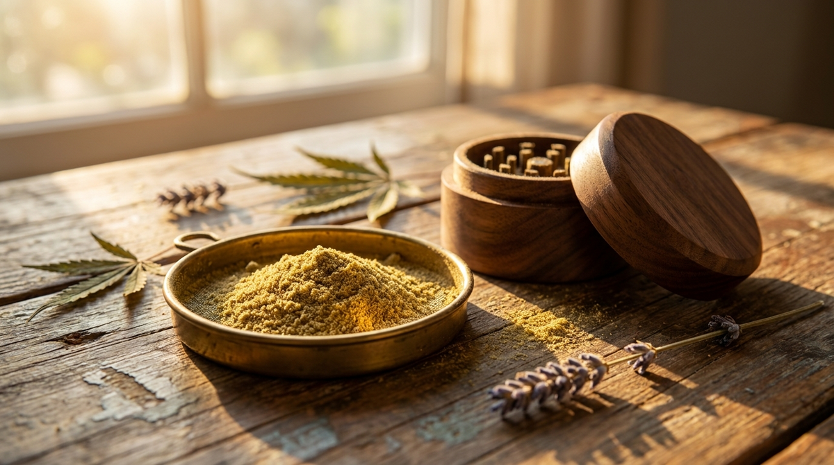 Kief de CBD doré dans un tamis fin, à côté d'un grinder en bois