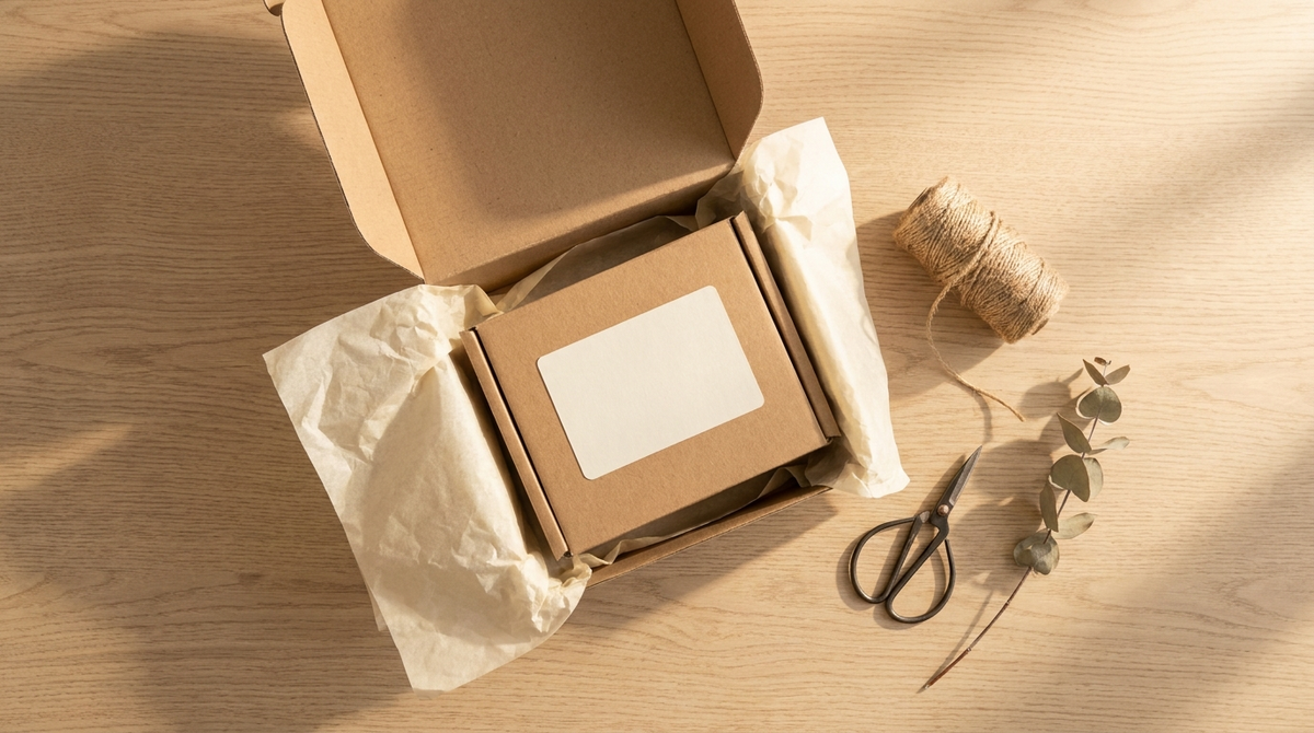 Colis discret en carton kraft avec papier de soie et étiquette d'expédition sur un bureau en bois