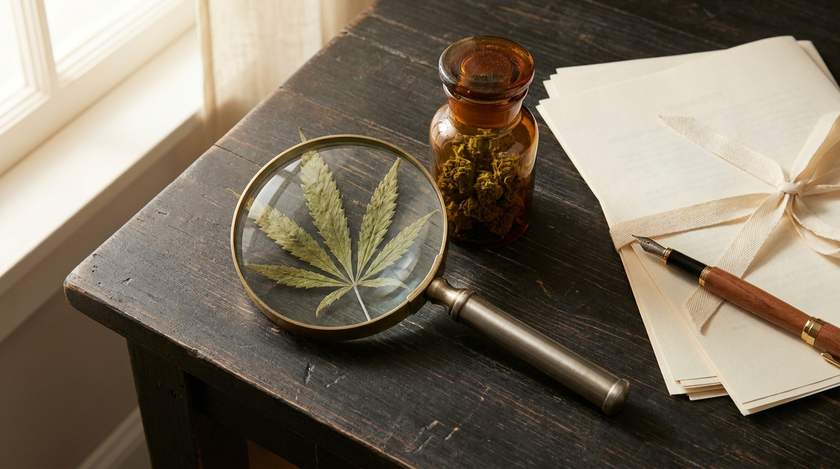Loupe posée sur une feuille de chanvre et un bocal de fleur CBD, entourés de documents juridiques sur un bureau en bois