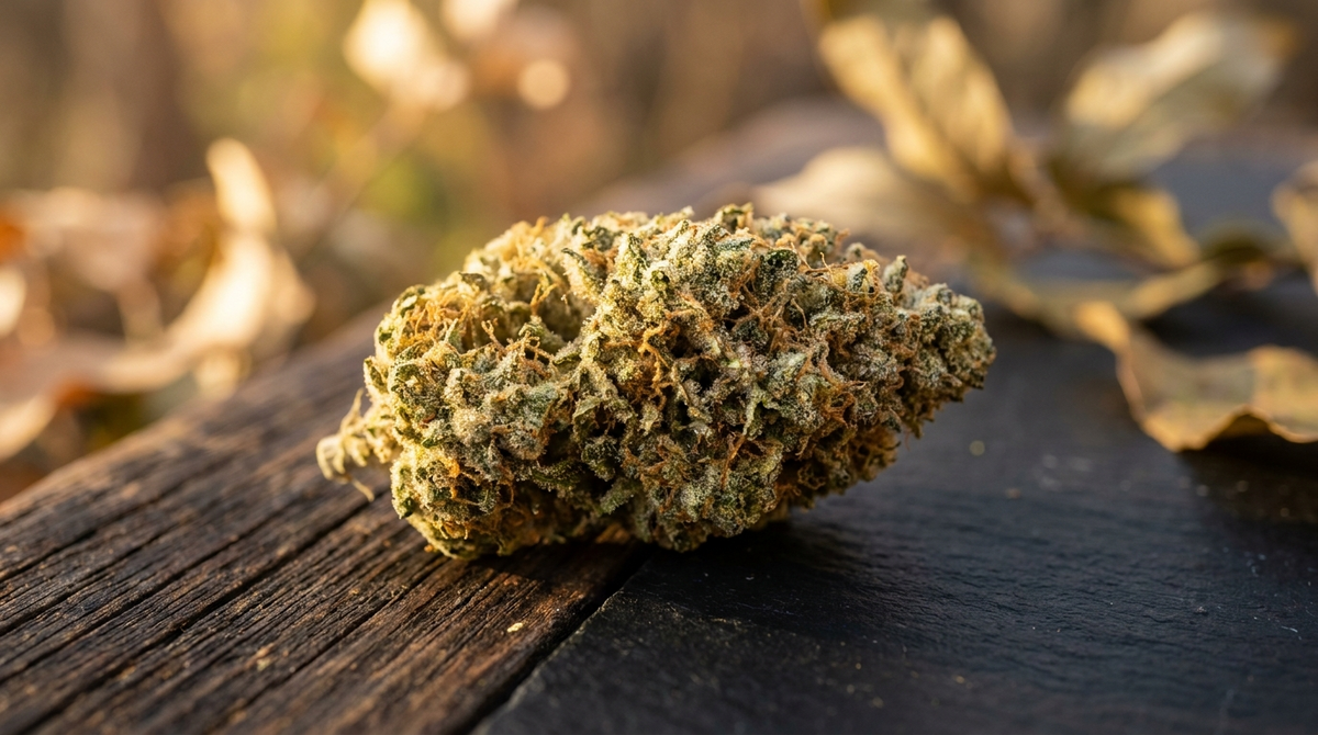 Gros plan macro sur une fleur de CBD couverte de trichomes cristallins scintillants, lumière dorée naturelle