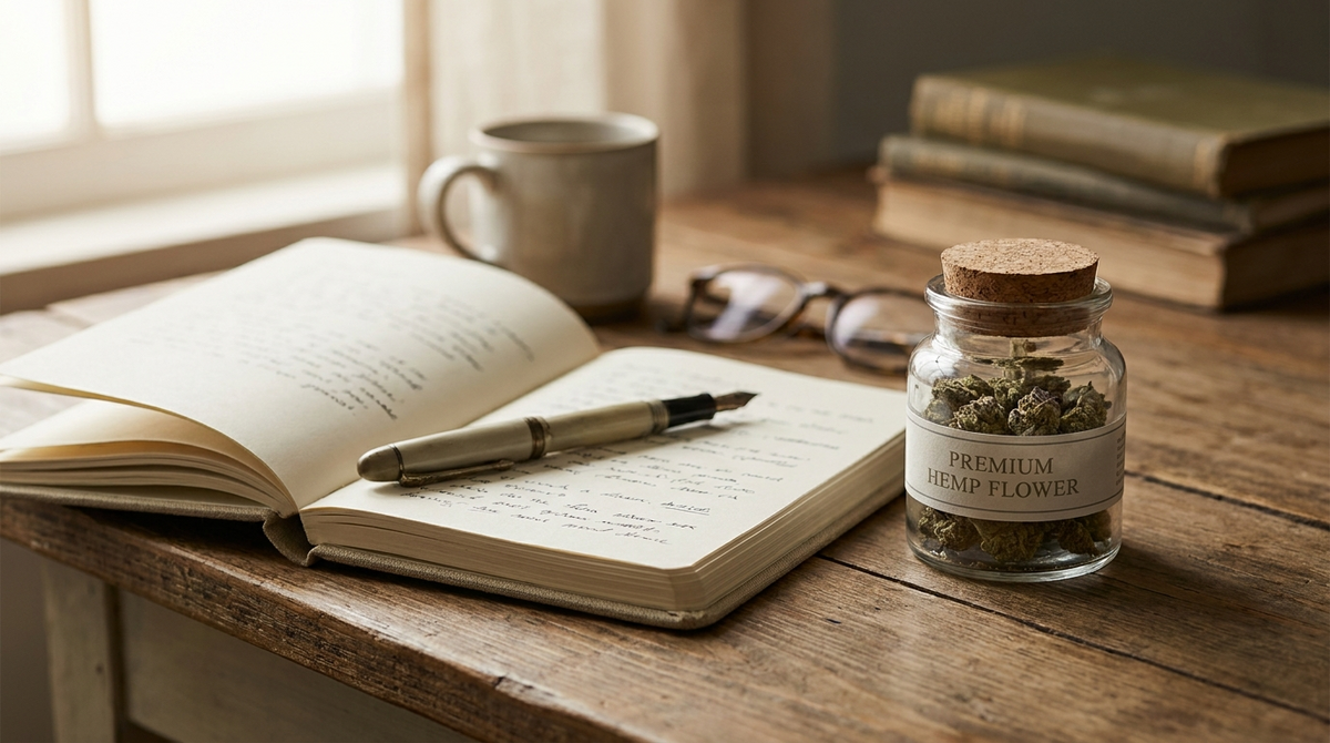 Carnet ouvert et bocal de fleur CBD premium posés sur un bureau en bois, lumière naturelle chaleureuse