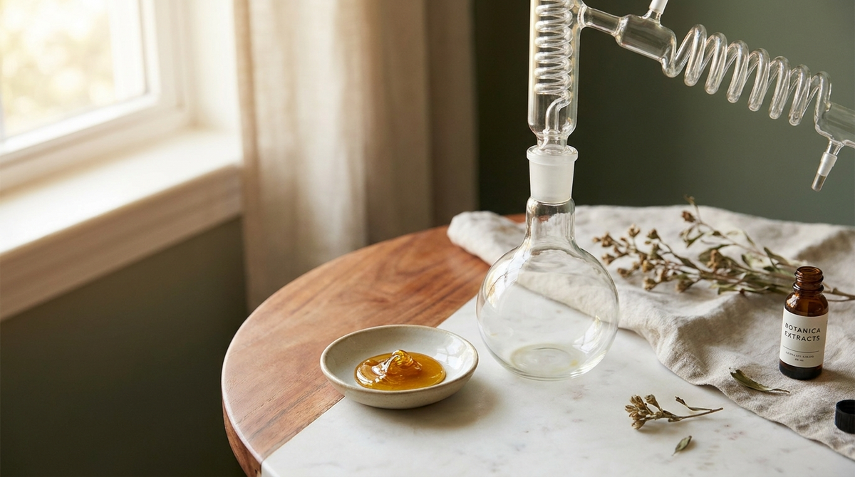 Appareil d'extraction en verre et résine CBD ambrée sur un plan de travail en marbre et bois, lumière naturelle chaleureuse