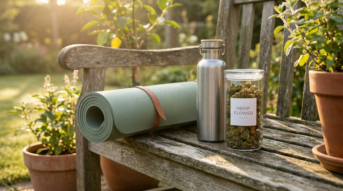Tapis de yoga, gourde en inox et bocal de fleur CBD posés sur un banc en bois, lumière matinale dorée