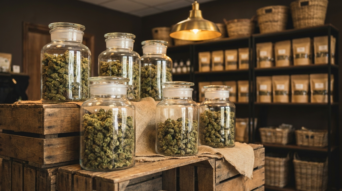 Grands bocaux en verre remplis de fleurs de CBD séchées, disposés sur des caisses en bois dans un espace de stockage chaleureux