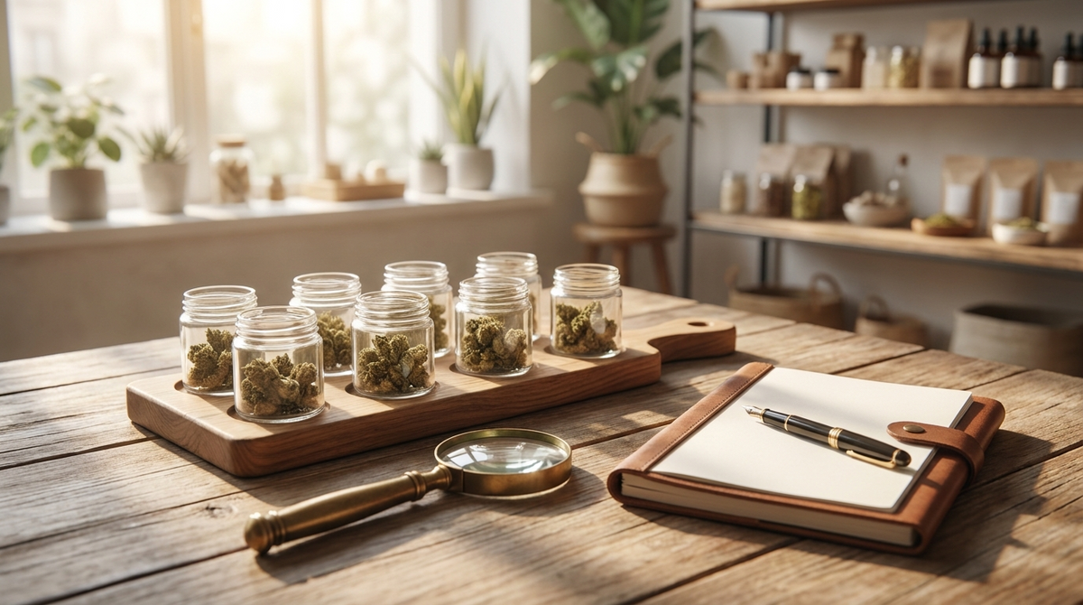 Plateau de dégustation en bois avec petits bocaux de fleurs CBD, loupe et carnet de dégustation
