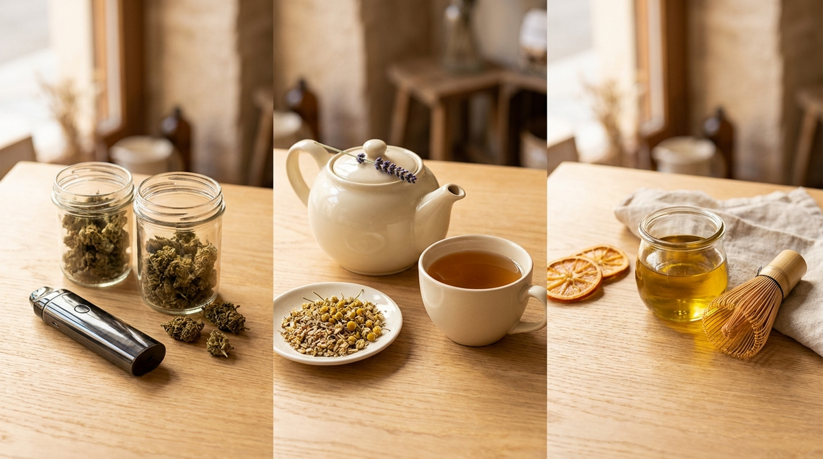 Composition à plat d'un vaporisateur, d'une théière avec infusion de fleur CBD et d'un pot d'huile infusée dorée