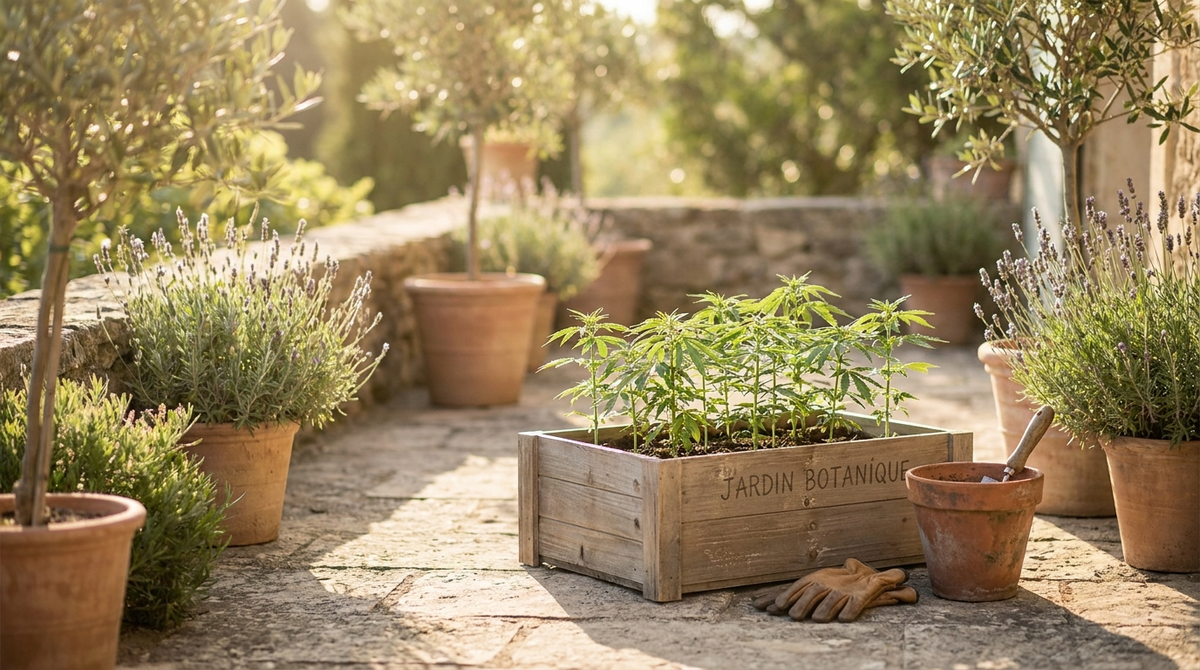 Petite jardinière en bois avec jeunes plants de chanvre sur une terrasse ensoleillée