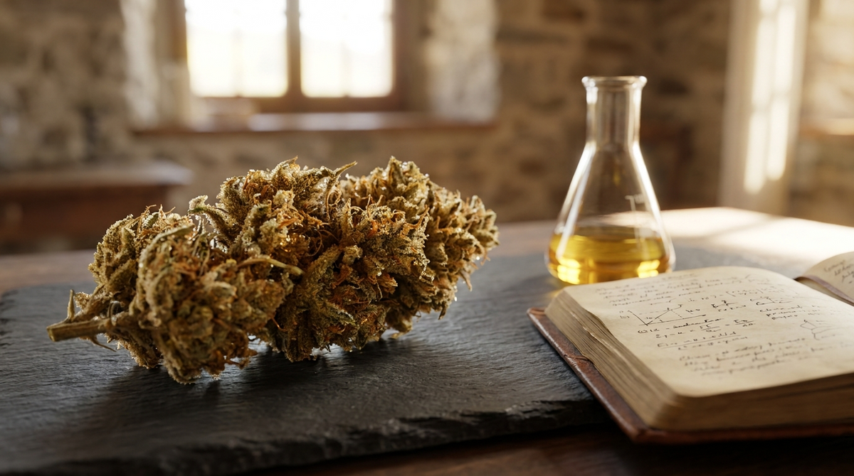Trichomes givrés de fleur CBD en gros plan, à côté d'un bécher de laboratoire et d'un carnet de notes scientifiques